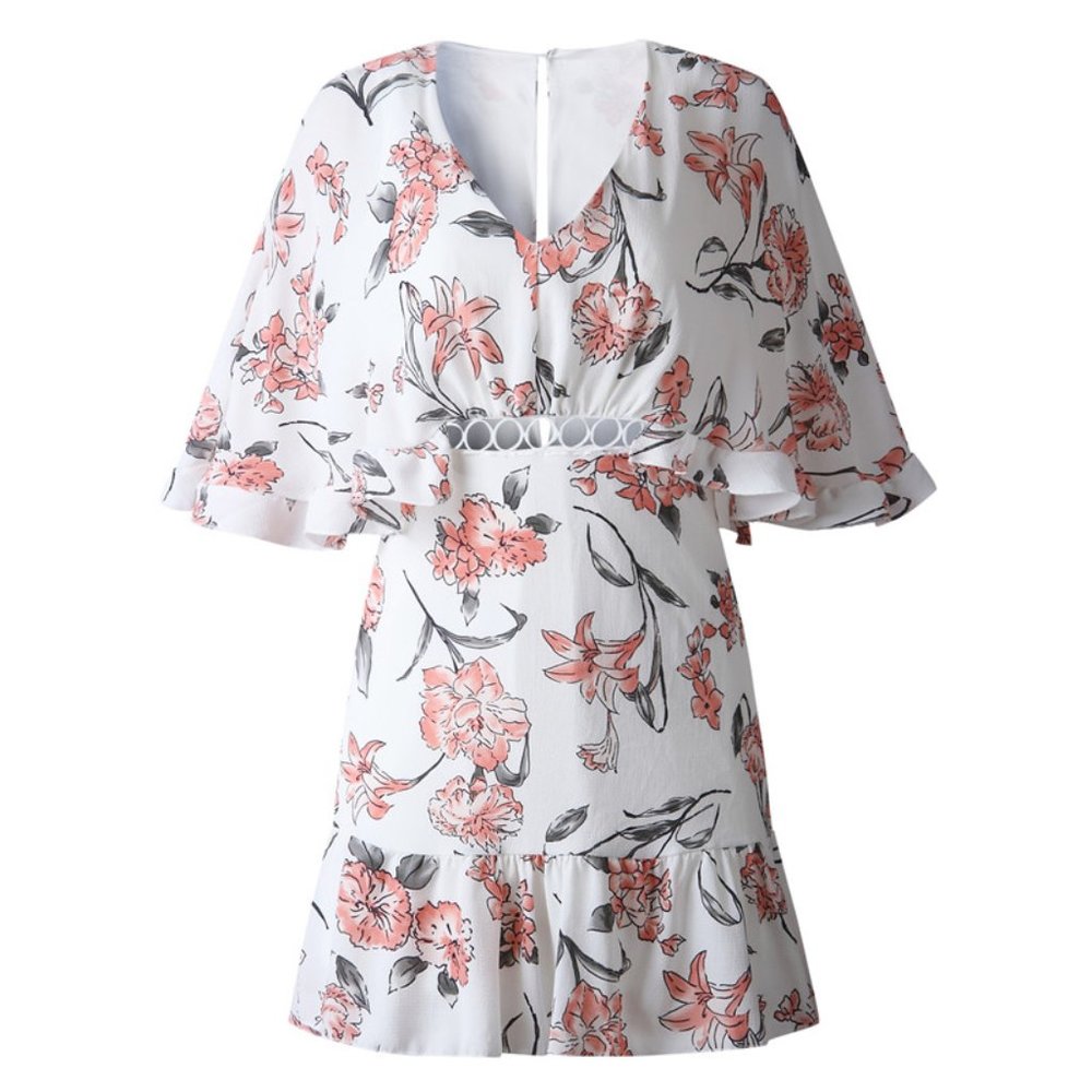 💃Boho Ruffles Lace Floral Print Mini Summer Dress - Picture 3 of 4